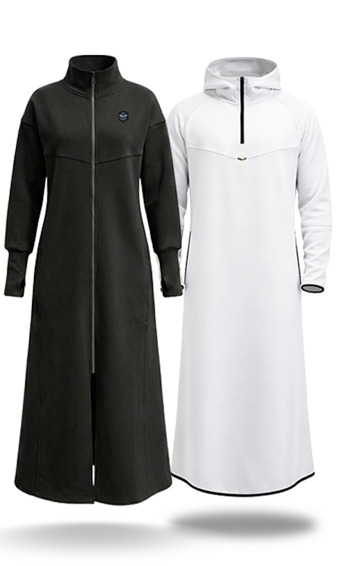 midnight abaya & snow thobe hold hands transparent